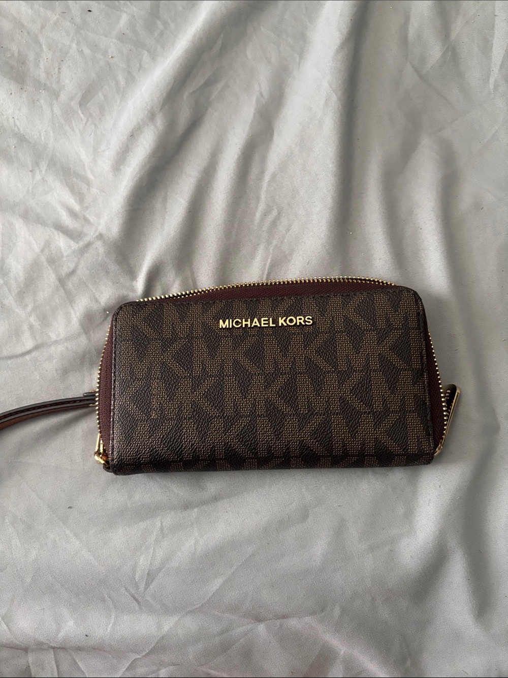 Michael Kors Dark Brown MK Logo Zip Around Wallet Wristlet